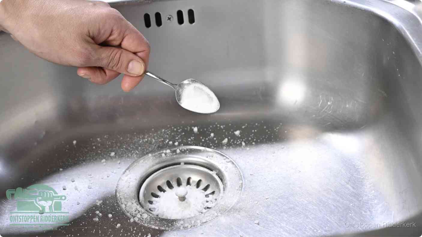 Een hand strooit met een lepel soda in de afvoer van een roestvrijstalen spoelbak, de soda en azijn huismiddel-methode om de afvoer te ontstoppen in Ridderkerk