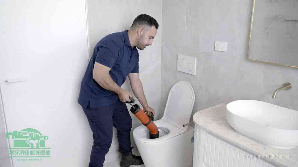 Een monteur gebruikt een handmatige perspomp (toiletontstopper) op een wandcloset tijdens het professioneel wc ontstoppen in Ridderkerk